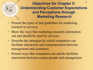 3
SM
Objectives for Chapter 5:
Understanding Customer Expectations
and Perceptions through
Marketing Research
• Present the types of and guidelines for marketing
research in services
• Show the ways that marketing research information
can and should be used for services
• Describe the strategies by which companies can
facilitate interaction and communication between
management and customers
• Present ways that companies can and do facilitate
interaction between contact people and management
 
