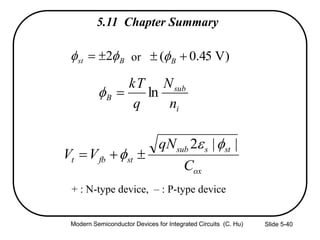 Slide 5-40
i
sub
B
n
N
q
kT
ln
Bst  2 )V45.0(  Bor
ox
stssub
stfbt
C
qN
VV
||2 
 
+ : N-type device, – : P-type device
5.11 Chapter Summary
Modern Semiconductor Devices for Integrated Circuits (C. Hu)
 