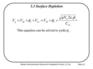 Slide 5-7
5.3 Surface Depletion
ox
ssa
sfboxsfbg
C
qN
VVVV


2

This equation can be solved to yield s .
Modern Semiconductor Devices for Integrated Circuits (C. Hu)
 