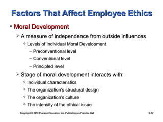 Factors That Affect Employee Ethics
• Moral Development
  A measure of independence from outside influences
        Levels of Individual Moral Development
           – Preconventional level
           – Conventional level
           – Principled level
  Stage of moral development interacts with:
        Individual characteristics
        The organization’s structural design
        The organization’s culture
        The intensity of the ethical issue
   Copyright © 2010 Pearson Education, Inc. Publishing as Prentice Hall   5–12
 