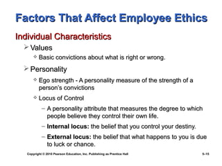 Factors That Affect Employee Ethics
Individual Characteristics
   Values
          Basic convictions about what is right or wrong.
   Personality
          Ego strength - A personality measure of the strength of a
           person’s convictions
          Locus of Control
            – A personality attribute that measures the degree to which
              people believe they control their own life.
            – Internal locus: the belief that you control your destiny.
            – External locus: the belief that what happens to you is due
              to luck or chance.
   Copyright © 2010 Pearson Education, Inc. Publishing as Prentice Hall   5–15
 