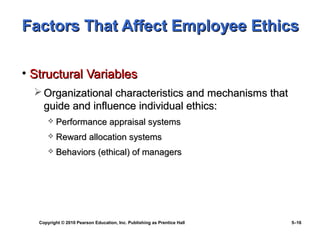 Factors That Affect Employee Ethics

• Structural Variables
   Organizational characteristics and mechanisms that
    guide and influence individual ethics:
          Performance appraisal systems
          Reward allocation systems
          Behaviors (ethical) of managers




   Copyright © 2010 Pearson Education, Inc. Publishing as Prentice Hall   5–16
 