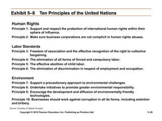 Exhibit 5–8 Ten Principles of the United Nations

  Human Rights
  Principle 1: Support and respect the protection of international human rights within their
               sphere of influence.
  Principle 2: Make sure business corporations are not complicit in human rights abuses.


  Labor Standards
  Principle 3: Freedom of association and the effective recognition of the right to collective
               bargaining.
  Principle 4: The elimination of all forms of forced and compulsory labor.
  Principle 5: The effective abolition of child labor.
  Principle 6: The elimination of discrimination in respect of employment and occupation.


  Environment
  Principle 7: Support a precautionary approach to environmental challenges.
  Principle 8: Undertake initiatives to promote greater environmental responsibility.
  Principle 9: Encourage the development and diffusion of environmentally friendly
               technologies.
  Principle 10: Businesses should work against corruption in all its forms, including extortion
  and bribery.
Source: Courtesy of Global Compact.
          Copyright © 2010 Pearson Education, Inc. Publishing as Prentice Hall                   5–20
 