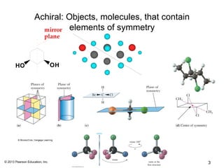 Achiral: Objects, molecules, that contain
                      mirror elements of symmetry
                           plane



       HO                        OH




© 2013 Pearson Education, Inc.        Chapter 5                 3
 