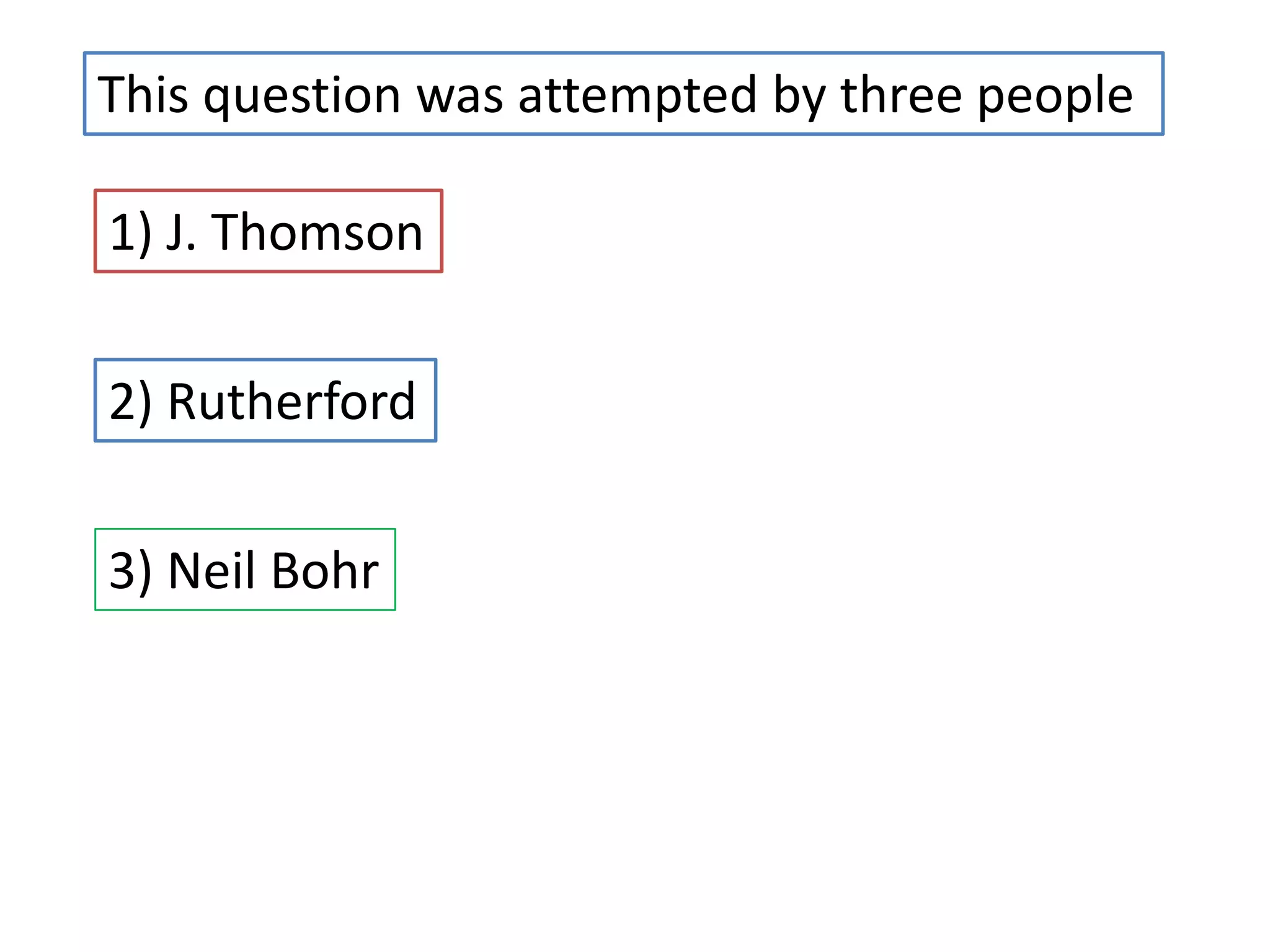 This question was attempted by three people

1) J. Thomson

2) Rutherford

3) Neil Bohr
 