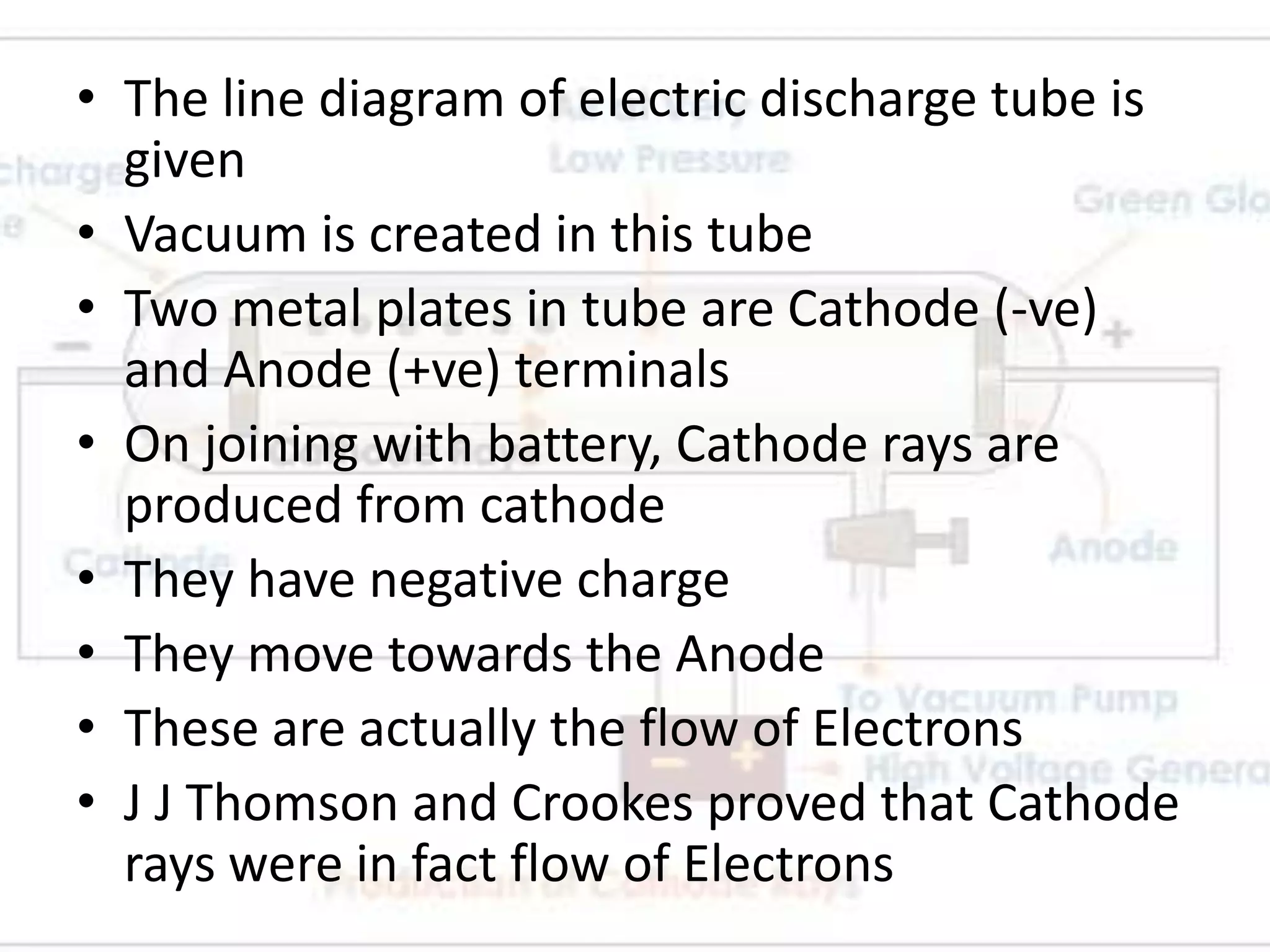• The line diagram of electric discharge tube is
  given
• Vacuum is created in this tube
• Two metal plates in tube are Cathode (-ve)
  and Anode (+ve) terminals
• On joining with battery, Cathode rays are
  produced from cathode
• They have negative charge
• They move towards the Anode
• These are actually the flow of Electrons
• J J Thomson and Crookes proved that Cathode
  rays were in fact flow of Electrons
 