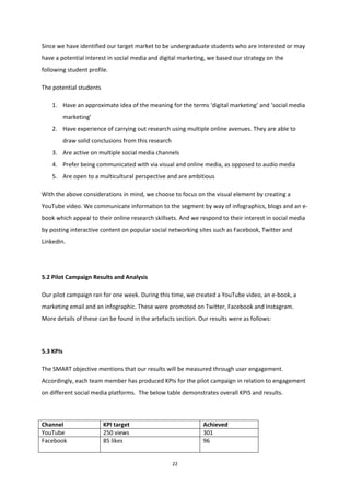 22
Since we have identified our target market to be undergraduate students who are interested or may
have a potential interest in social media and digital marketing, we based our strategy on the
following student profile.
The potential students
1. Have an approximate idea of the meaning for the terms ‘digital marketing’ and ‘social media
marketing’
2. Have experience of carrying out research using multiple online avenues. They are able to
draw solid conclusions from this research
3. Are active on multiple social media channels
4. Prefer being communicated with via visual and online media, as opposed to audio media
5. Are open to a multicultural perspective and are ambitious
With the above considerations in mind, we choose to focus on the visual element by creating a
YouTube video. We communicate information to the segment by way of infographics, blogs and an e-
book which appeal to their online research skillsets. And we respond to their interest in social media
by posting interactive content on popular social networking sites such as Facebook, Twitter and
LinkedIn.
5.2 Pilot Campaign Results and Analysis
Our pilot campaign ran for one week. During this time, we created a YouTube video, an e-book, a
marketing email and an infographic. These were promoted on Twitter, Facebook and Instagram.
More details of these can be found in the artefacts section. Our results were as follows:
5.3 KPIs
The SMART objective mentions that our results will be measured through user engagement.
Accordingly, each team member has produced KPIs for the pilot campaign in relation to engagement
on different social media platforms. The below table demonstrates overall KPIS and results.
Channel KPI target Achieved
YouTube 250 views 301
Facebook 85 likes 96
 