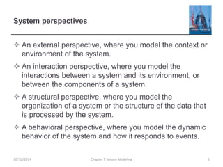 System perspectives
 An external perspective, where you model the context or
environment of the system.
 An interaction perspective, where you model the
interactions between a system and its environment, or
between the components of a system.
 A structural perspective, where you model the
organization of a system or the structure of the data that
is processed by the system.
 A behavioral perspective, where you model the dynamic
behavior of the system and how it responds to events.
Chapter 5 System Modeling 530/10/2014
 