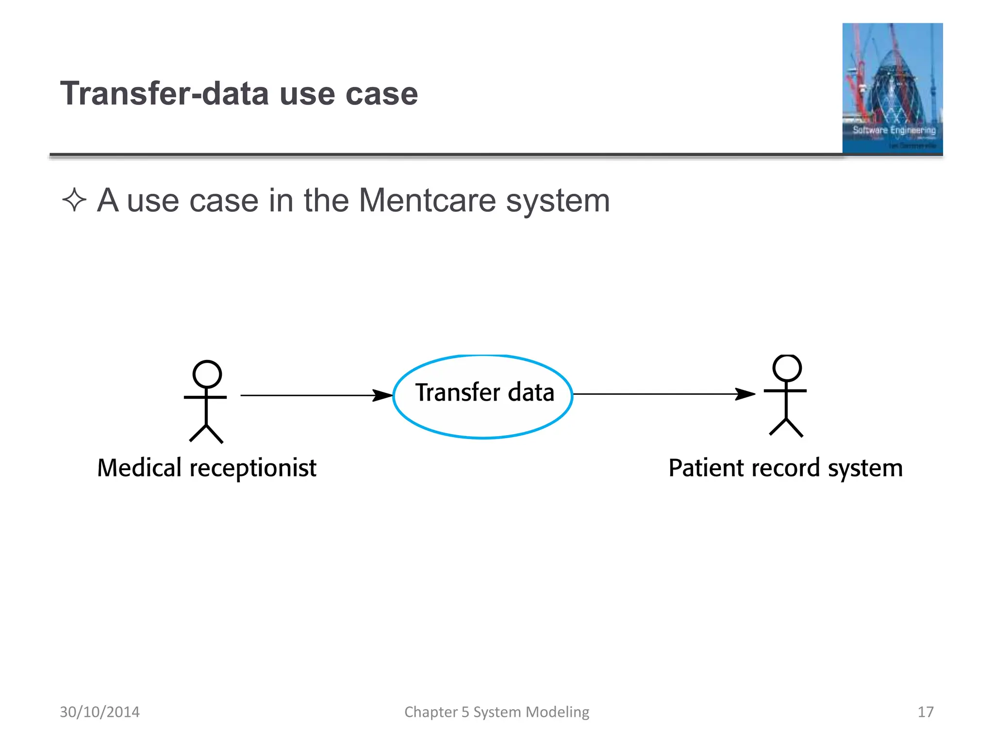 Transfer-data use case
 A use case in the Mentcare system
Chapter 5 System Modeling 17
30/10/2014
 