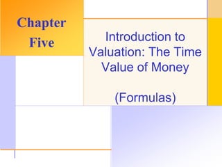 © 2003 The McGraw-Hill Companies, Inc. All rights reserved.
Introduction to
Valuation: The Time
Value of Money
(Formulas)
Chapter
Five
 