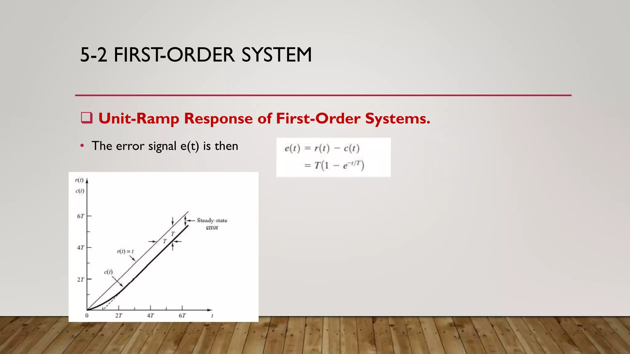 5-2 FIRST-ORDER SYSTEM
 Unit-Ramp Response of First-Order Systems.
• The error signal e(t) is then
 