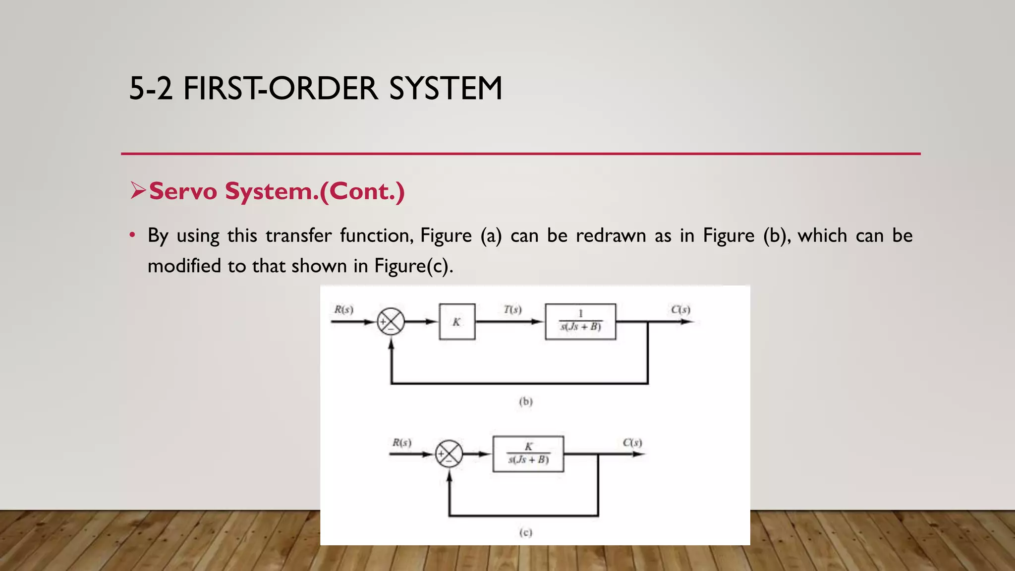 5-2 FIRST-ORDER SYSTEM
Servo System.(Cont.)
• By using this transfer function, Figure (a) can be redrawn as in Figure (b), which can be
modified to that shown in Figure(c).
 