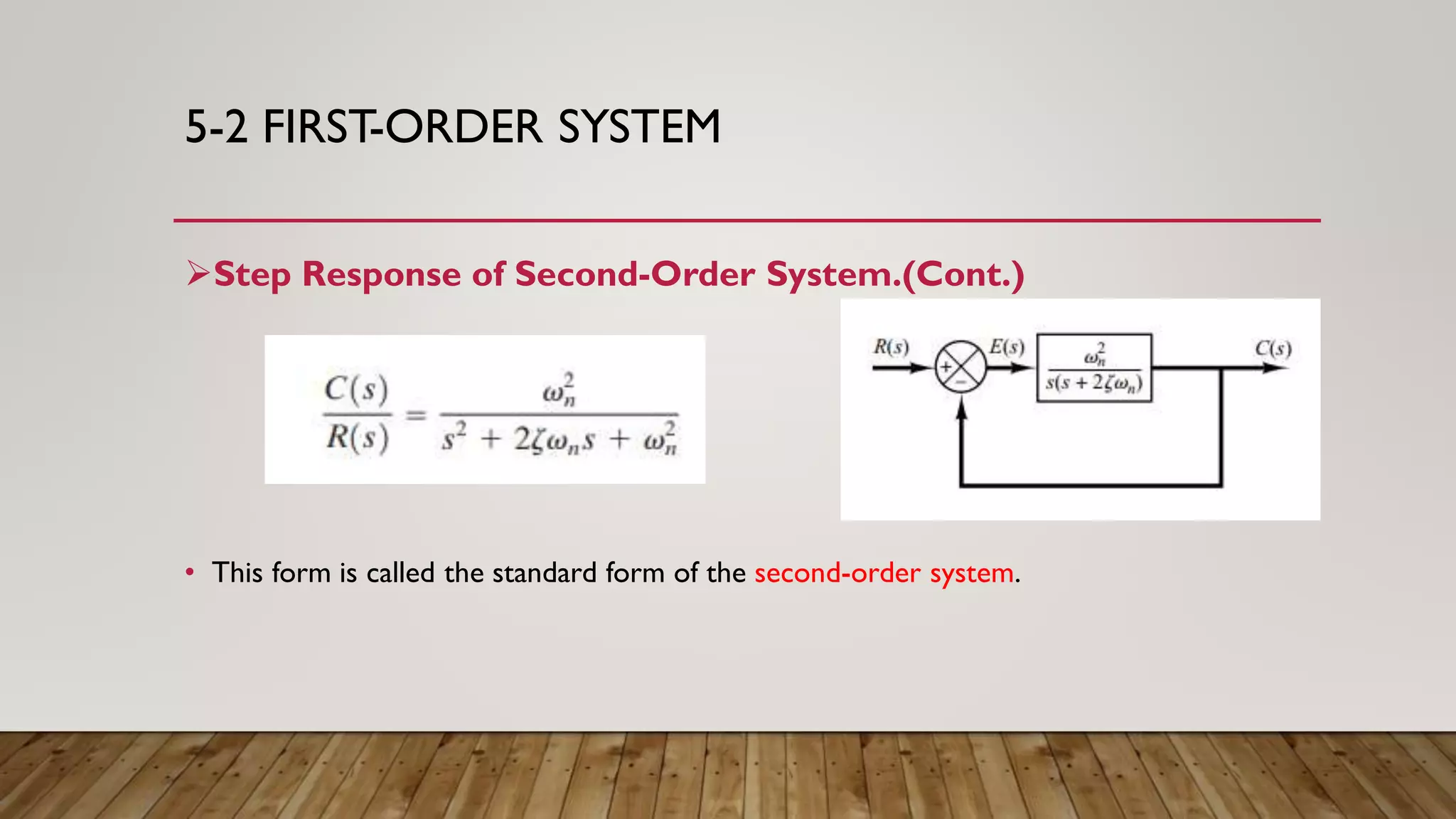 5-2 FIRST-ORDER SYSTEM
Step Response of Second-Order System.(Cont.)
• This form is called the standard form of the second-order system.
 