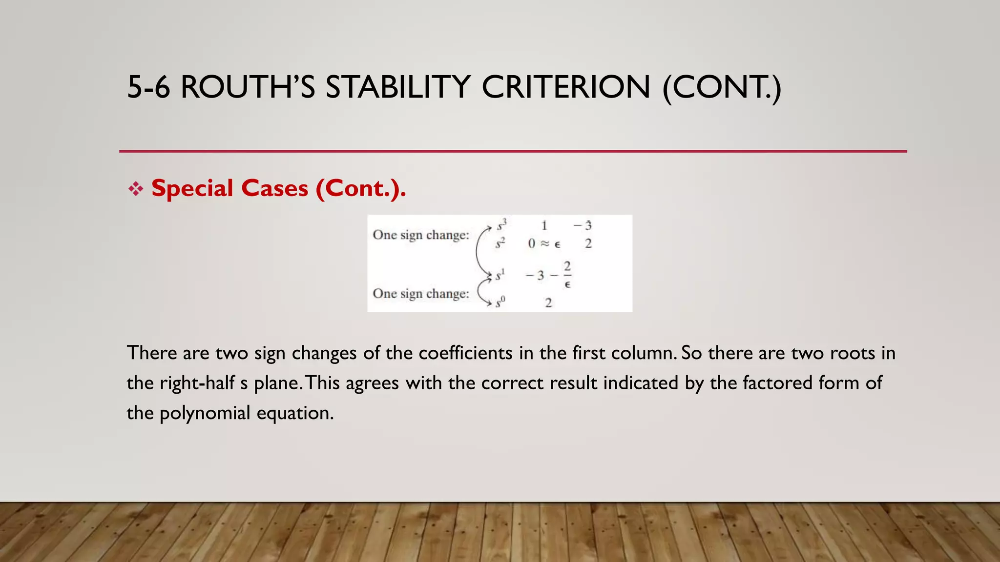 5-6 ROUTH’S STABILITY CRITERION (CONT.)
 Special Cases (Cont.).
There are two sign changes of the coefficients in the first column. So there are two roots in
the right-half s plane.This agrees with the correct result indicated by the factored form of
the polynomial equation.
 