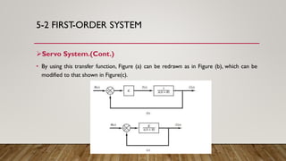 5-2 FIRST-ORDER SYSTEM
Servo System.(Cont.)
• By using this transfer function, Figure (a) can be redrawn as in Figure (b), which can be
modified to that shown in Figure(c).
 