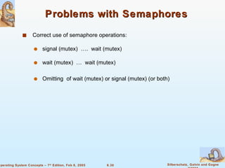 Problems with Semaphores Correct use of semaphore operations: signal (mutex)  ….  wait (mutex) wait (mutex)  …  wait (mutex) Omitting  of wait (mutex) or signal (mutex) (or both) 