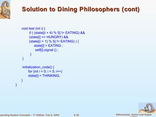 Solution to Dining Philosophers (cont) void test (int i) {    if ( (state[(i + 4) % 5] != EATING) &&   (state[i] == HUNGRY) &&   (state[(i + 1) % 5] != EATING) ) {    state[i] = EATING ;   self[i].signal () ;   }   } initialization_code() {    for (int i = 0; i < 5; i++)   state[i] = THINKING; } } 