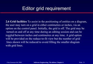 ©Ian Sommerville 2004 Software Engineering, 7th edition. Chapter 6 Slide 31
Editor grid requirement
2.6 Grid facilities To assist in the positioning of entities on a diagram,
the user may turn on a grid in either centimetres or inches, via an
option on the control panel. Initially, the grid is off. The grid may be
turned on and off at any time during an editing session and can be
toggled between inches and centimetres at any time. A grid option
will be provided on the reduce-to-fit view but the number of grid
lines shown will be reduced to avoid filling the smaller diagram
with grid lines.
 