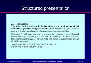 ©Ian Sommerville 2004 Software Engineering, 7th edition. Chapter 6 Slide 33
Structured presentation
2.6.1 Grid facilities
The editor shall provide a grid facility where a m atrix of horizontal and
vertical lines provide a background to the editor window. This grid shall be a
passive grid where the alignment of entities is the user's responsibility.
Rationale: A grid helps the user to create a tidy diagram with well-spaced
entities. Although an active grid, where entities 'snap-to' grid lines can be useful,
the positioning is imprecise. The user is the best person to decide where entities
should be positioned.
Specification: ECLIPSE/WS/Tools/DE/FS Section 5.6
Source: Ray Wilson, Glasgow Office
 