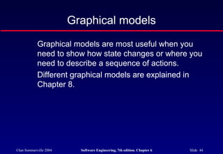 ©Ian Sommerville 2004 Software Engineering, 7th edition. Chapter 6 Slide 44
Graphical models
Graphical models are most useful when you
need to show how state changes or where you
need to describe a sequence of actions.
Different graphical models are explained in
Chapter 8.
 