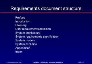©Ian Sommerville 2004 Software Engineering, 7th edition. Chapter 6 Slide 52
Requirements document structure
Preface
Introduction
Glossary
User requirements definition
System architecture
System requirements specification
System models
System evolution
Appendices
Index
 