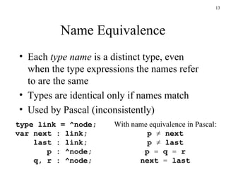Name Equivalence Each  type name  is a distinct type, even when the type expressions the names refer to are the same Types are identical only if names match Used by Pascal (inconsistently) type link = ^node; var next : link;   last : link;   p : ^node;   q, r : ^node; With name equivalence in Pascal: p  ≠  next p  ≠  last p  =  q  =  r next  =  last 