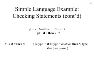 Simple Language Example: Checking Statements (cont’d) S      if   E   then   S 1 {  S .type :=  if   E .type =  boolean   then   S 1 .type   else   type_error  }      s  :       if  e  then  s  :      e  :  boolean     