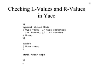 Checking L-Values and R-Values in Yacc %{ typedef struct Node { Type *typ;  // type structure   int islval; // 1 if L-value } Node; %} %union { Node *rec; } %type <rec> expr %% … 