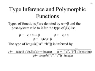 Type Inference and Polymorphic Functions Types of functions  f  are denoted by α->β and the post-system rule to infer the type of  f ( x ) is: The type of  length ([“a”, “b”]) is inferred by     e 1  : α   -> β     e 2  : α     e 1 ( e 2 )  : β     length  : ∀α.list(α) -> integer     [“a”, “b”] : list(string)     length ( [“a”, “b”] )  : integer … 