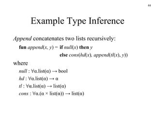 Example Type Inference Append  concatenates two lists recursively: fun   append ( x, y ) = if   null ( x )  then   y else   cons ( hd ( x ) , append ( tl ( x ),  y ))  where null  : ∀α.list(α) -> bool hd  : ∀α.list(α) -> α tl  : ∀α.list(α) -> list(α) cons  : ∀α.(α  ×  list(α)) -> list(α) 