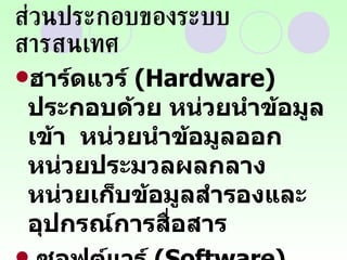 ส่วนประกอบของระบบสารสนเทศ ฮาร์ดแวร์  ( Hardware)   ประกอบด้วย หน่วยนำข้อมูลเข้า  หน่วยนำข้อมูลออก หน่วยประมวลผลกลาง หน่วยเก็บข้อมูลสำรองและอุปกรณ์การสื่อสาร ซอฟต์แวร์  ( Software)   โปรแกรมประยุกต์ และโปรแกรมระบบ 