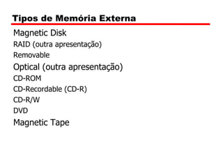 Tipos de Memória Externa Magnetic Disk RAID (outra apresentação) 