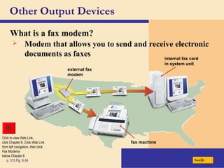Other Output Devices
What is a fax modem?
p. 315 Fig. 6-34 Next
 Modem that allows you to send and receive electronic
documents as faxes
external fax
modem
internal fax card
in system unit
fax machine
Click to view Web Link,
click Chapter 6, Click Web Link
from left navigation, then click
Fax Modems
below Chapter 6
 