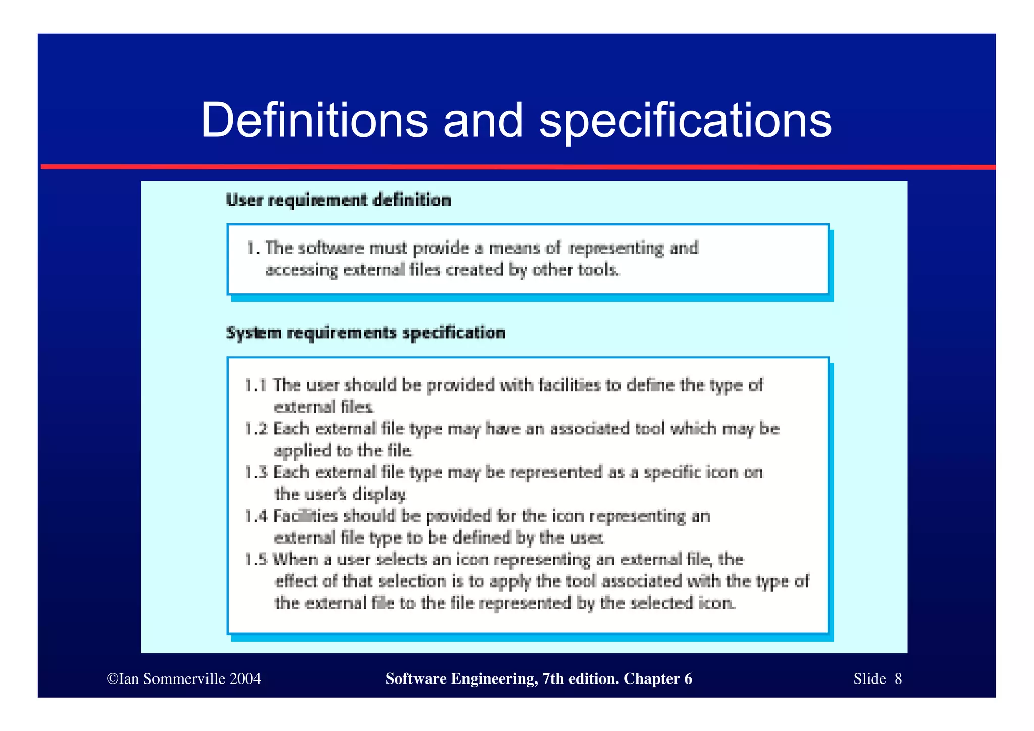 ©Ian Sommerville 2004 Software Engineering, 7th edition. Chapter 6 Slide 8
Definitions and specifications
 