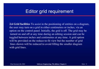 ©Ian Sommerville 2004 Software Engineering, 7th edition. Chapter 6 Slide 31
Editor grid requirement
2.6 Grid facilities To assist in the positioning of entities on a diagram,
the user may turn on a grid in either centimetres or inches, via an
option on the control panel. Initially, the grid is off. The grid may be
turned on and off at any time during an editing session and can be
toggled between inches and centimetres at any time. A grid option
will be provided on the reduce-to-fit view but the number of grid
lines shown will be reduced to avoid filling the smaller diagram
with grid lines.
 