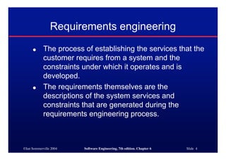 ©Ian Sommerville 2004 Software Engineering, 7th edition. Chapter 6 Slide 4
Requirements engineering
● The process of establishing the services that the
customer requires from a system and the
constraints under which it operates and is
developed.
● The requirements themselves are the
descriptions of the system services and
constraints that are generated during the
requirements engineering process.
 