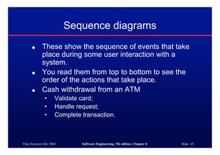 ©Ian Sommerville 2004 Software Engineering, 7th edition. Chapter 6 Slide 45
Sequence diagrams
● These show the sequence of events that take
place during some user interaction with a
system.
● You read them from top to bottom to see the
order of the actions that take place.
● Cash withdrawal from an ATM
• Validate card;
• Handle request;
• Complete transaction.
 
