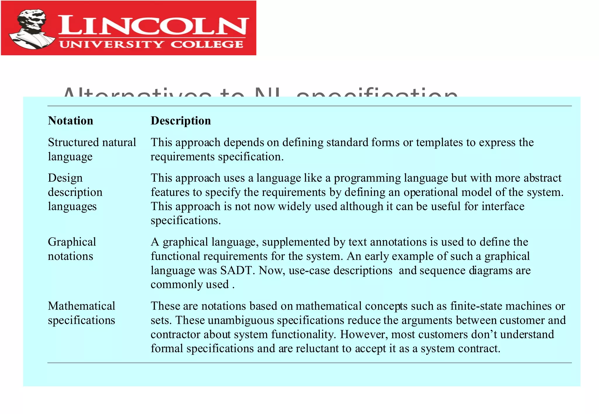 Alternatives to NL specification
Notation Description
Structured natural
language
This approach depends on defining standard forms or templates to express the
requirements specification.
Design
description
languages
This approach uses a language like a programming language but with more abstract
features to specify the requirements by defining an operational model of the system.
This approach is not now widely used although it can be useful for interface
specifications.
Graphical
notations
A graphical language, supplemented by text annotations is used to define the
functional requirements for the system. An early example of such a graphical
language was SADT. Now, use-case descriptions and sequence diagrams are
commonly used .
Mathematical
specifications
These are notations based on mathematical concepts such as finite-state machines or
sets. These unambiguous specifications reduce the arguments between customer and
contractor about system functionality. However, most customers don’t understand
formal specifications and are reluctant to accept it as a system contract.
 