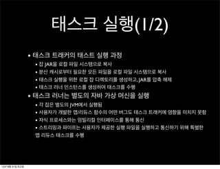 태스크 실행(1/2)
• 태스크 트래커의 태스트 실행 과정
• 잡 JAR을 로컬 파일 시스템으로 복사
• 분산 캐시로부터 필요한 모든 파일을 로컬 파일 시스템으로 복사
• 태스크 실행을 위한 로컬 잡 디렉토리를 생성하고, JAR를 압축 해제
• 태스크 러너 인스턴스를 생성하여 태스크를 수행
• 태스크 러너는 별도의 자바 가상 머신을 실행
• 각 잡은 별도의 JVM에서 실행됨
• 사용자가 개발한 맵/리듀스 함수의 어떤 버그도 태스크 트래커에 영향을 미치지 못함
• 자식 프로세스와는 엄빌리컬 인터페이스를 통해 통신
• 스트리밍과 파이프는 사용자가 제공한 실행 파일을 실행하고 통신하기 위해 특별한
맵 리듀스 태스크를 수행
13년 8월 31일 토요일
 