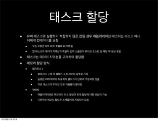 태스크 할당
• 유버 태스크로 실행하기 적합하지 않은 잡일 경우 애플리케이션 마스터는 리소스 매니
저에게 컨테이너를 요청
• 모든 요청은 하트 비트 호출에 피기백 됨
• 맵 태스크의 데이터 지역성과 특별히 입력 스플릿이 위치한 호스트 및 해당 랙 정보 포함
• 태스크는 데이터 지역성을 고려하여 할당함
• 메모리 할당 방식
• 맵리듀스 1
• 클러스터 구성 시 설정된 고정 개수의 슬롯을 가짐
• 슬롯은 최대 메모리 허용치가 클러스터 단위로 고정되어 있음
• 적은 태스크가 주어질 경우 이용률이 떨어짐
• YARN
• 애플리케이션은 메모리의 최소 할당과 최대 할당에 대한 요청이 가능
• 기본적인 메모리 할당은 스케줄러에 지정되어 있음
13년 8월 31일 토요일
 
