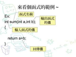 來看個函式的範例 ~
Ex:
int sum(int a,int b);
{
return a+b;
}
輸出函式
的值
函式名稱
輸入函式的值
回傳值
 