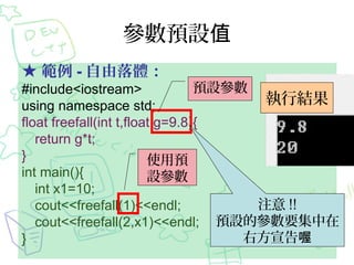 參數預設值
★ 範例 - 自由落體：
#include<iostream>
using namespace std;
float freefall(int t,float g=9.8){
return g*t;
}
int main(){
int x1=10;
cout<<freefall(1)<<endl;
cout<<freefall(2,x1)<<endl;
}
預設參數
使用預
設參數
執行結果
注意 !!
預設的參數要集中在
右方宣告喔
 