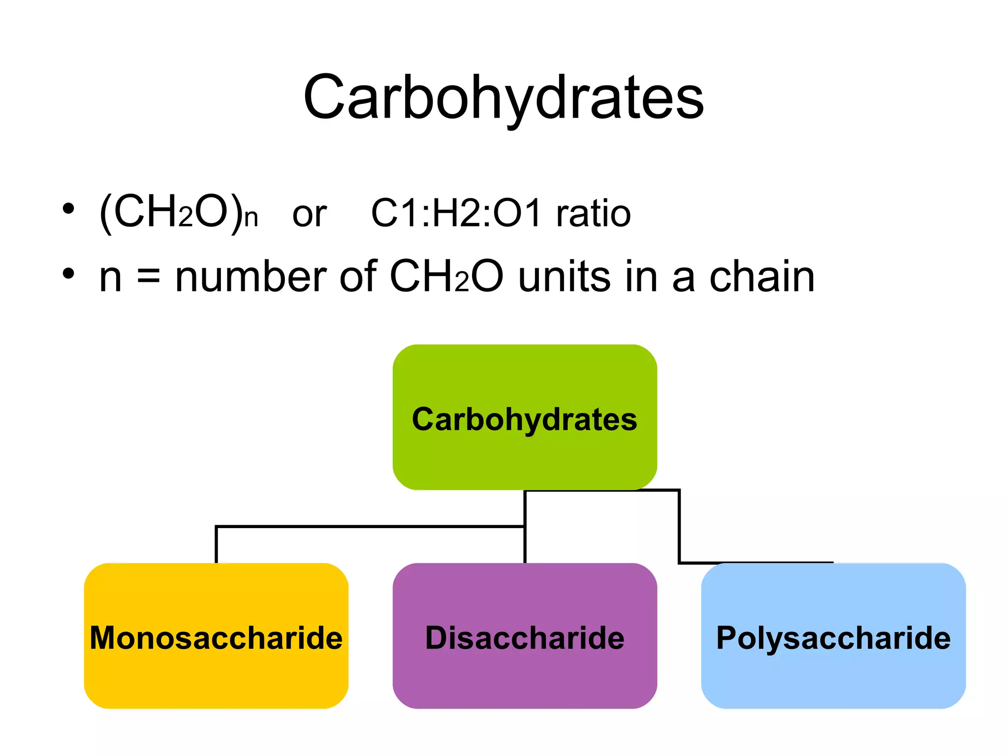 Carbohydrates
• (CH2O)n or C1:H2:O1 ratio
• n = number of CH2O units in a chain
Carbohydrates
Monosaccharide Disaccharide Polysaccharide
 
