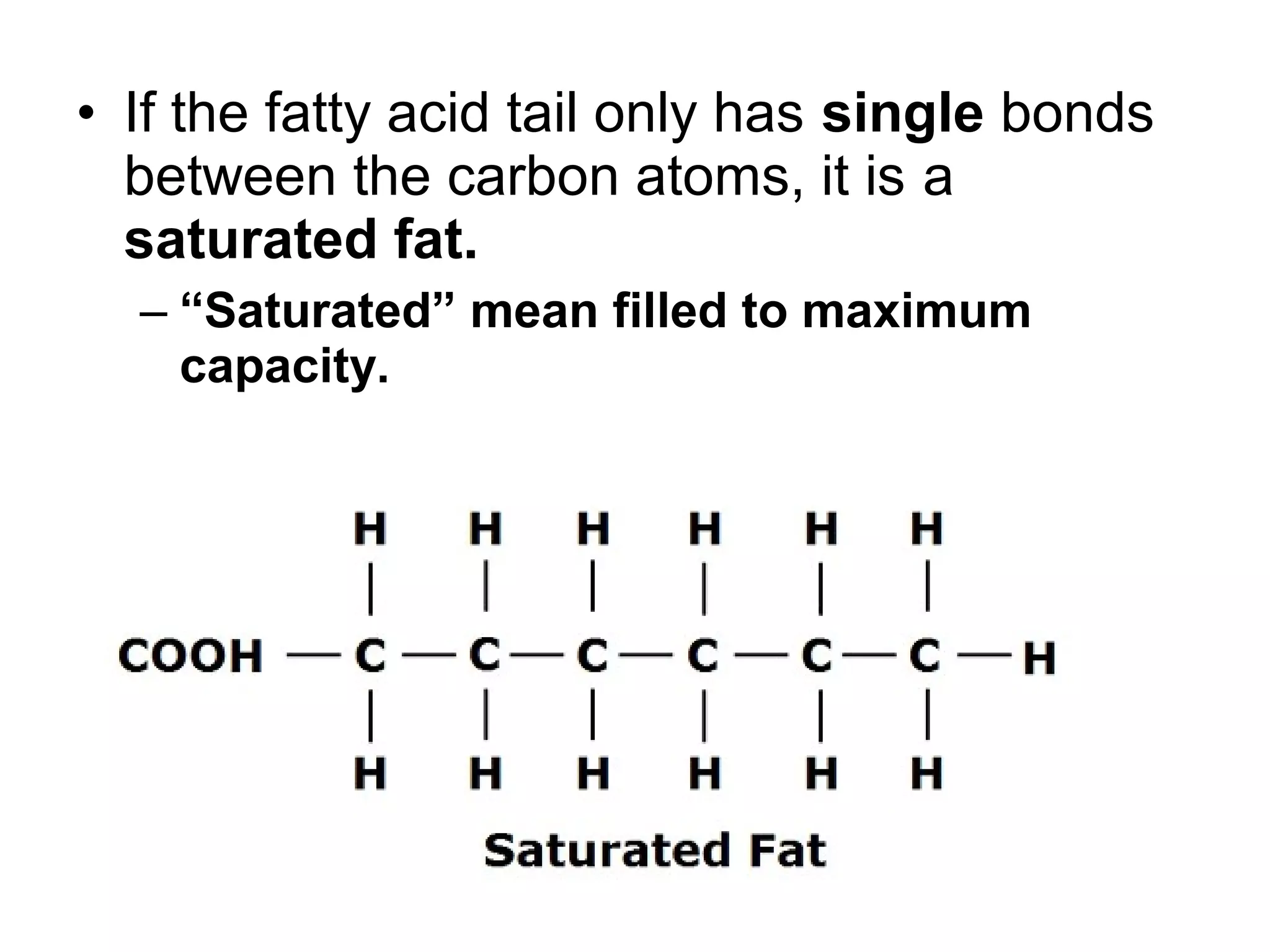 • If the fatty acid tail only has single bonds
between the carbon atoms, it is a
saturated fat.
– “Saturated” mean filled to maximum
capacity.
 