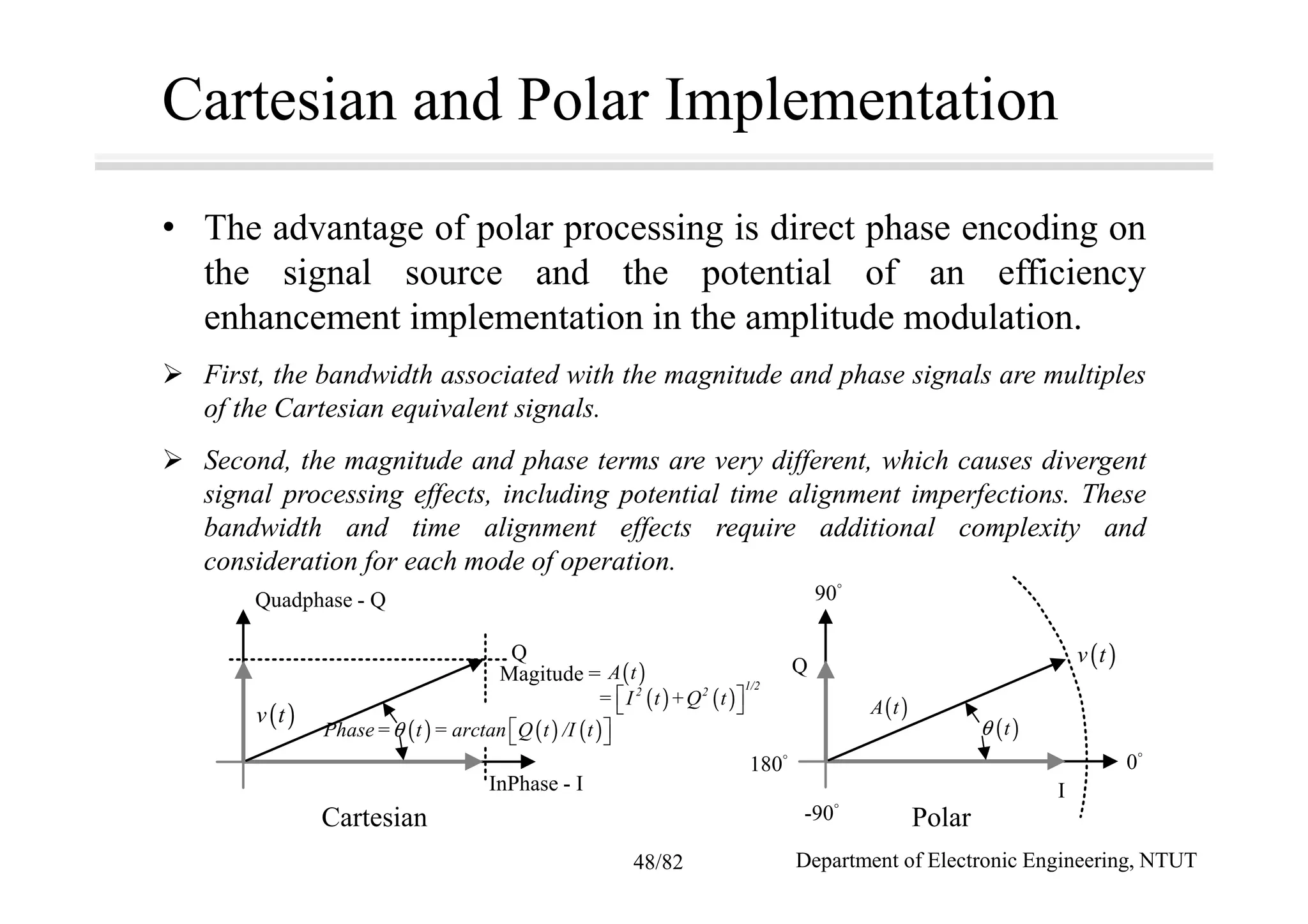 Cartesian and Polar Implementation
• The advantage of polar processing is direct phase encoding on
the signal source and the potential of an efficiency
enhancement implementation in the amplitude modulation.
First, the bandwidth associated with the magnitude and phase signals are multiples
of the Cartesian equivalent signals.
Second, the magnitude and phase terms are very different, which causes divergent
signal processing effects, including potential time alignment imperfections. These
bandwidth and time alignment effects require additional complexity and
consideration for each mode of operation.
Quadphase - Q
Q
Magitude =
( ) ( )
1/22 2
= I t +Q t  
InPhase - I
Cartesian
( )A t
( ) ( ) ( )Phase= t = arctan Q t /I tθ   
( )v t
Q
90°
-90°
180°
( )A t
( )tθ
( )v t
I
0°
Polar
Department of Electronic Engineering, NTUT48/82
 