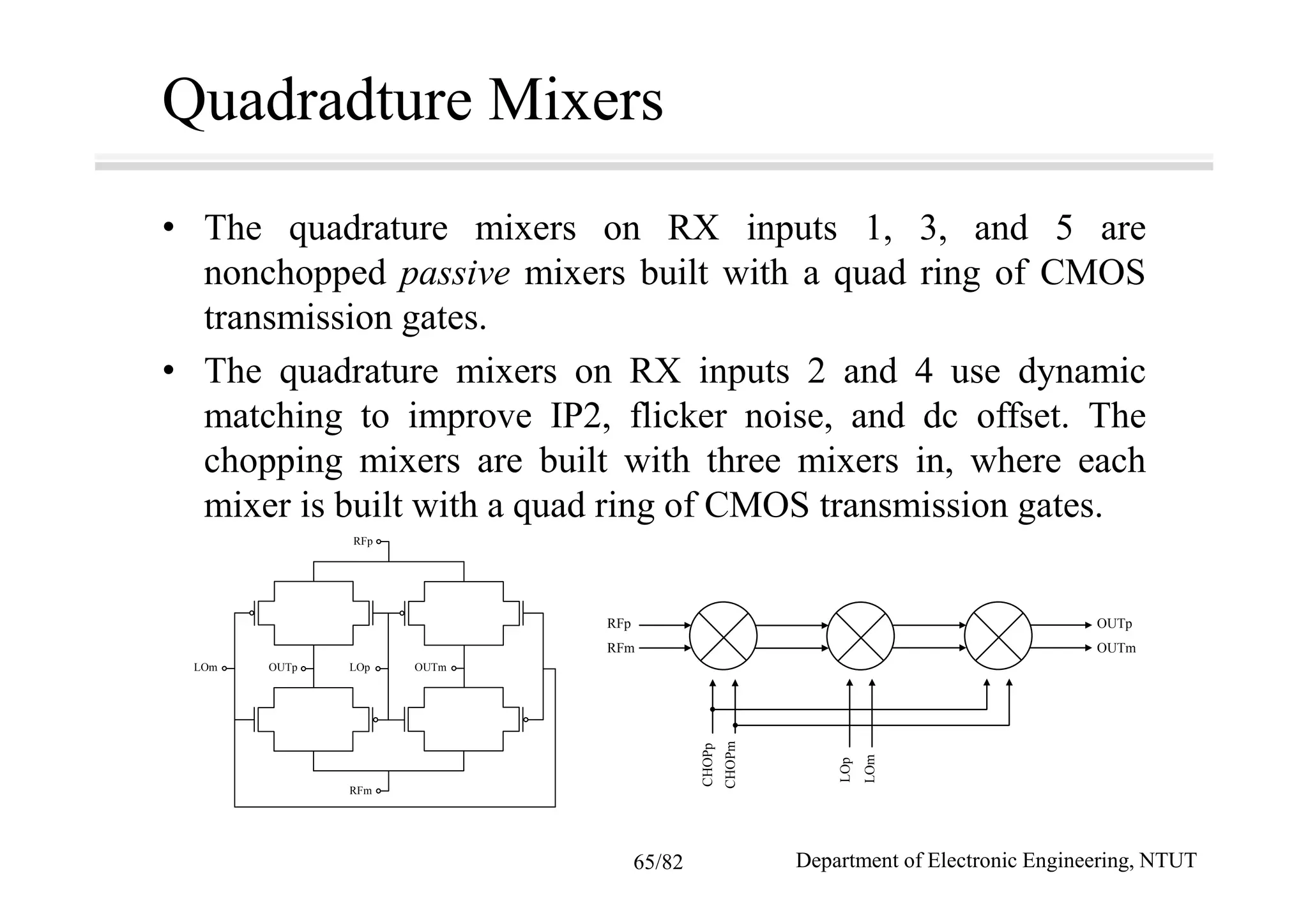 Quadradture Mixers
• The quadrature mixers on RX inputs 1, 3, and 5 are
nonchopped passive mixers built with a quad ring of CMOS
transmission gates.
• The quadrature mixers on RX inputs 2 and 4 use dynamic
matching to improve IP2, flicker noise, and dc offset. The
chopping mixers are built with three mixers in, where each
mixer is built with a quad ring of CMOS transmission gates.
RFp
LOm OUTp LOp OUTm
RFm
RFp
RFm
CHOPp
CHOPm
LOp
LOm
OUTm
OUTp
Department of Electronic Engineering, NTUT65/82
 