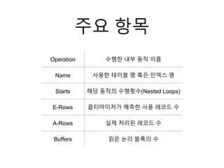 주요 항목
Operation 수행한 내부 동작 이름
Name 사용한 테이블 명 혹은 인덱스 명
Starts 해당 동작의 수행횟수(Nested Loops)
E-Rows 옵티마이저가 예측한 사용 레코드 수
A-Rows 실제 처리된 레코드 수
Buffers 읽은 논리 블록의 수
 