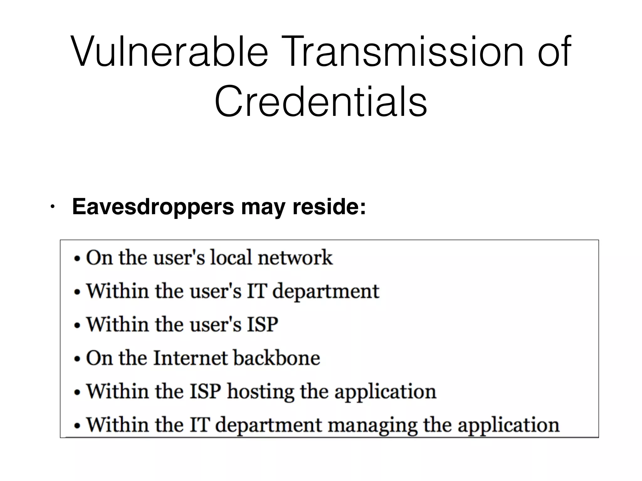 Vulnerable Transmission of
Credentials
• Eavesdroppers may reside:
 