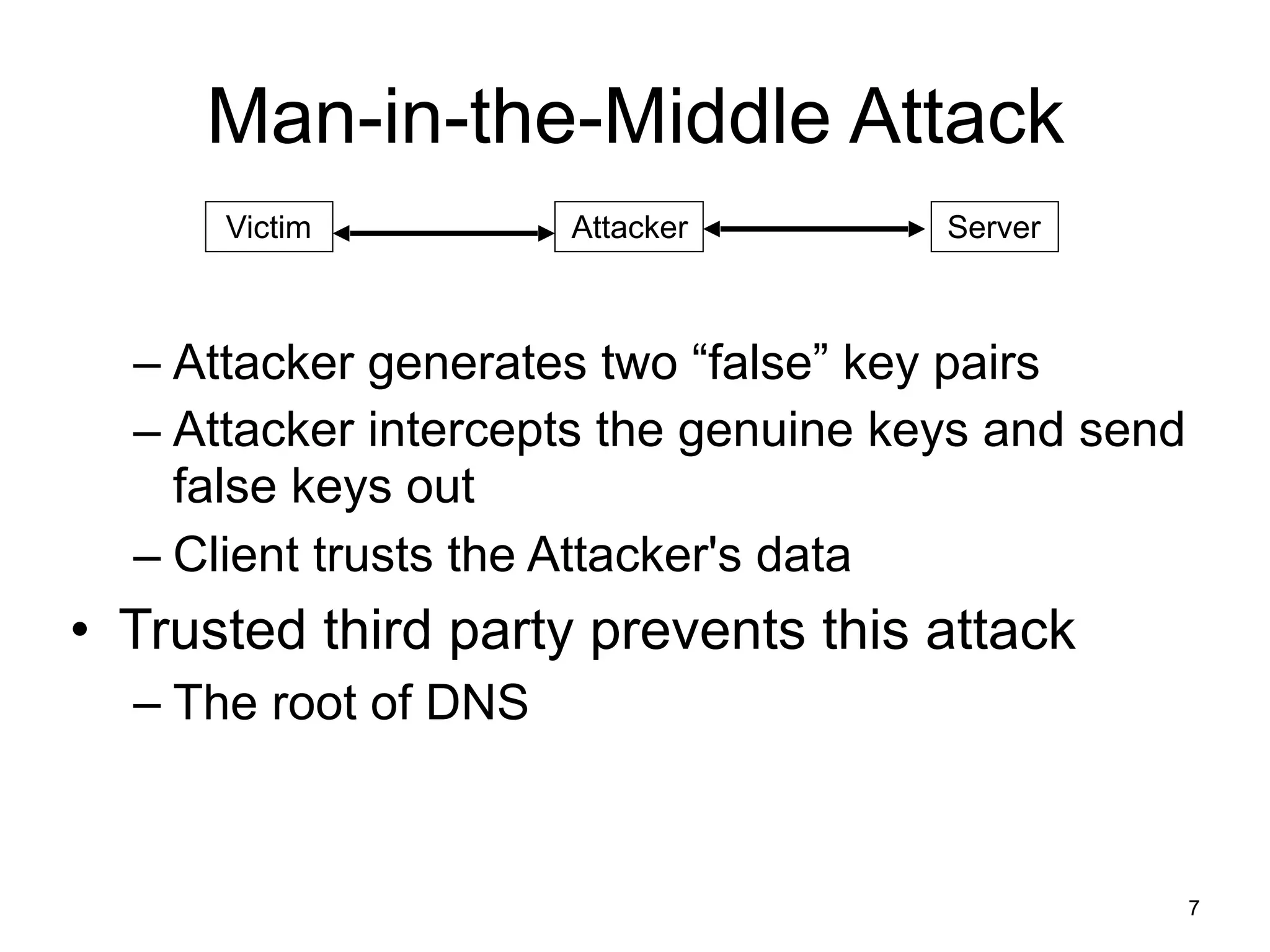 7
Man-in-the-Middle Attack
– Attacker generates two “false” key pairs
– Attacker intercepts the genuine keys and send
false keys out
– Client trusts the Attacker's data
• Trusted third party prevents this attack
– The root of DNS
Victim Attacker Server
 