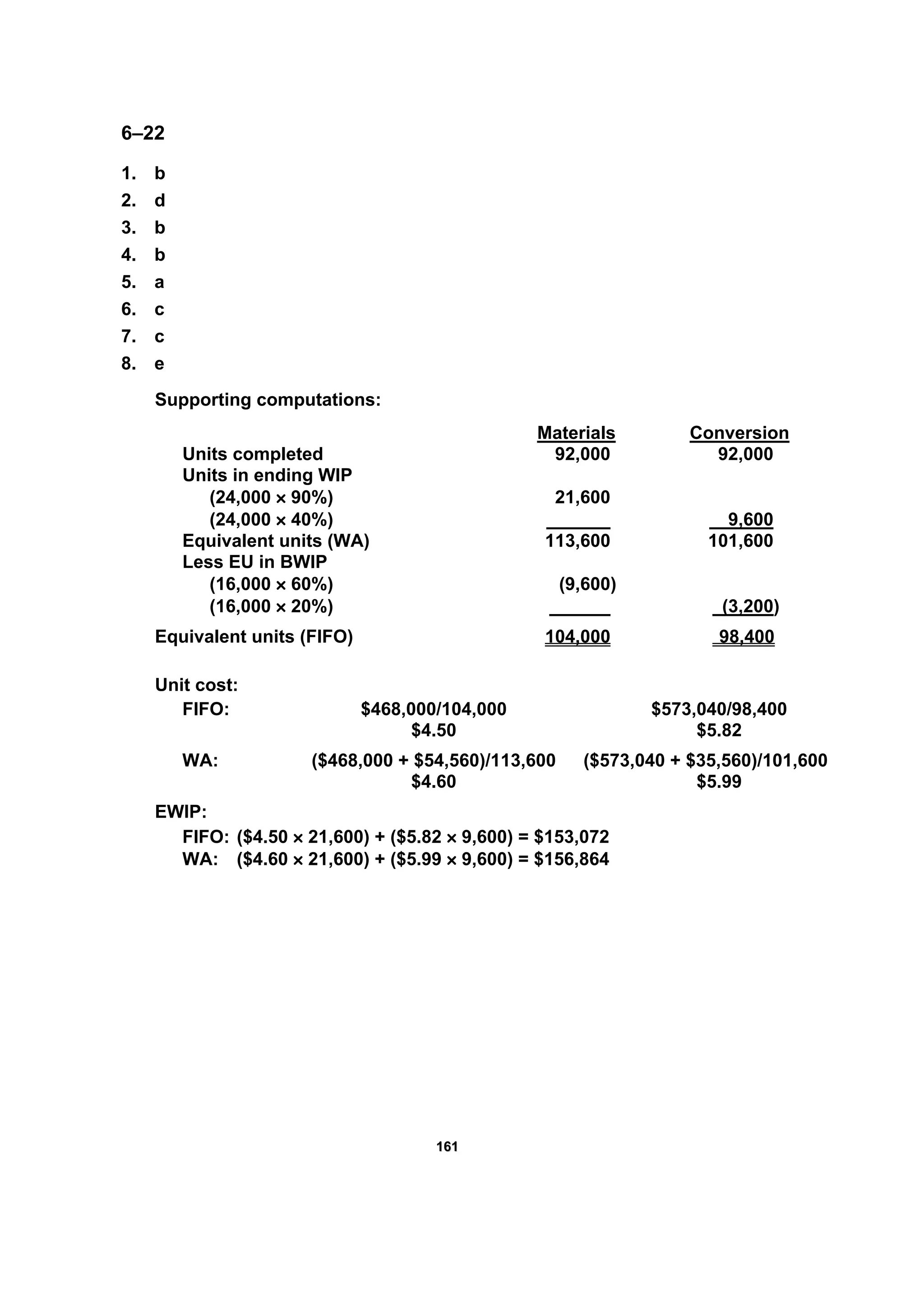 116611
6–22
1. b
2. d
3. b
4. b
5. a
6. c
7. c
8. e
Supporting computations:
Materials Conversion
Units completed 92,000 92,000
Units in ending WIP
(24,000 × 90%) 21,600
(24,000 × 40%) 9,600
Equivalent units (WA) 113,600 101,600
Less EU in BWIP
(16,000 × 60%) (9,600)
(16,000 × 20%) (3,200)
Equivalent units (FIFO) 104,000 98,400
Unit cost:
FIFO: $468,000/104,000 $573,040/98,400
$4.50 $5.82
WA: ($468,000 + $54,560)/113,600 ($573,040 + $35,560)/101,600
$4.60 $5.99
EWIP:
FIFO: ($4.50 × 21,600) + ($5.82 × 9,600) = $153,072
WA: ($4.60 × 21,600) + ($5.99 × 9,600) = $156,864
 